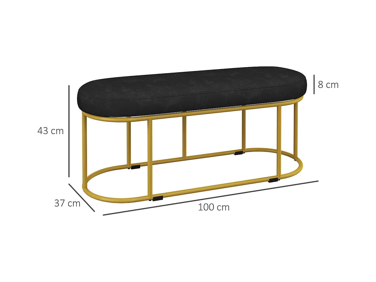 Banc de rangement en velours, cadre en métal, noir (100x37x43 cm)