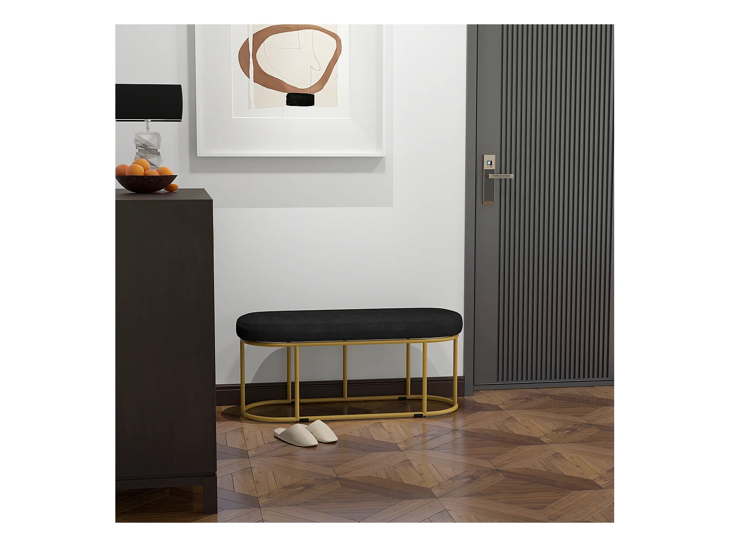 Banc de rangement en velours, cadre en métal, noir (100x37x43 cm)