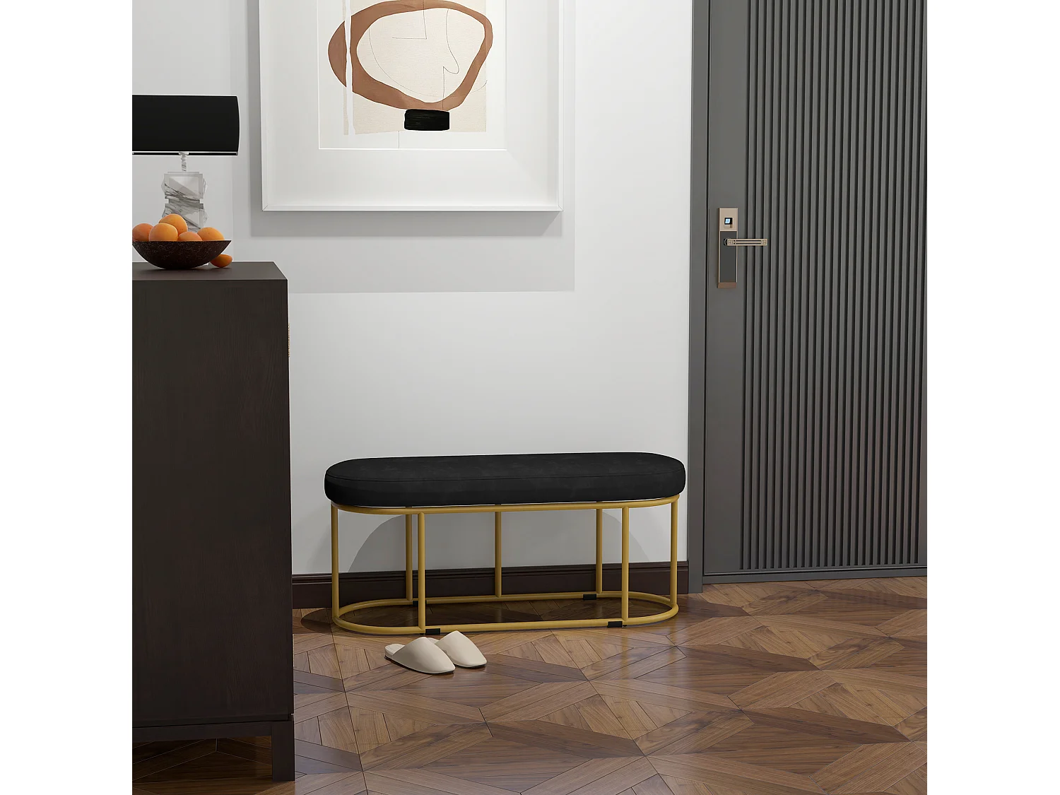 Samt-Truhenbank, Metallrahmen, schwarz (100x37x43 cm)