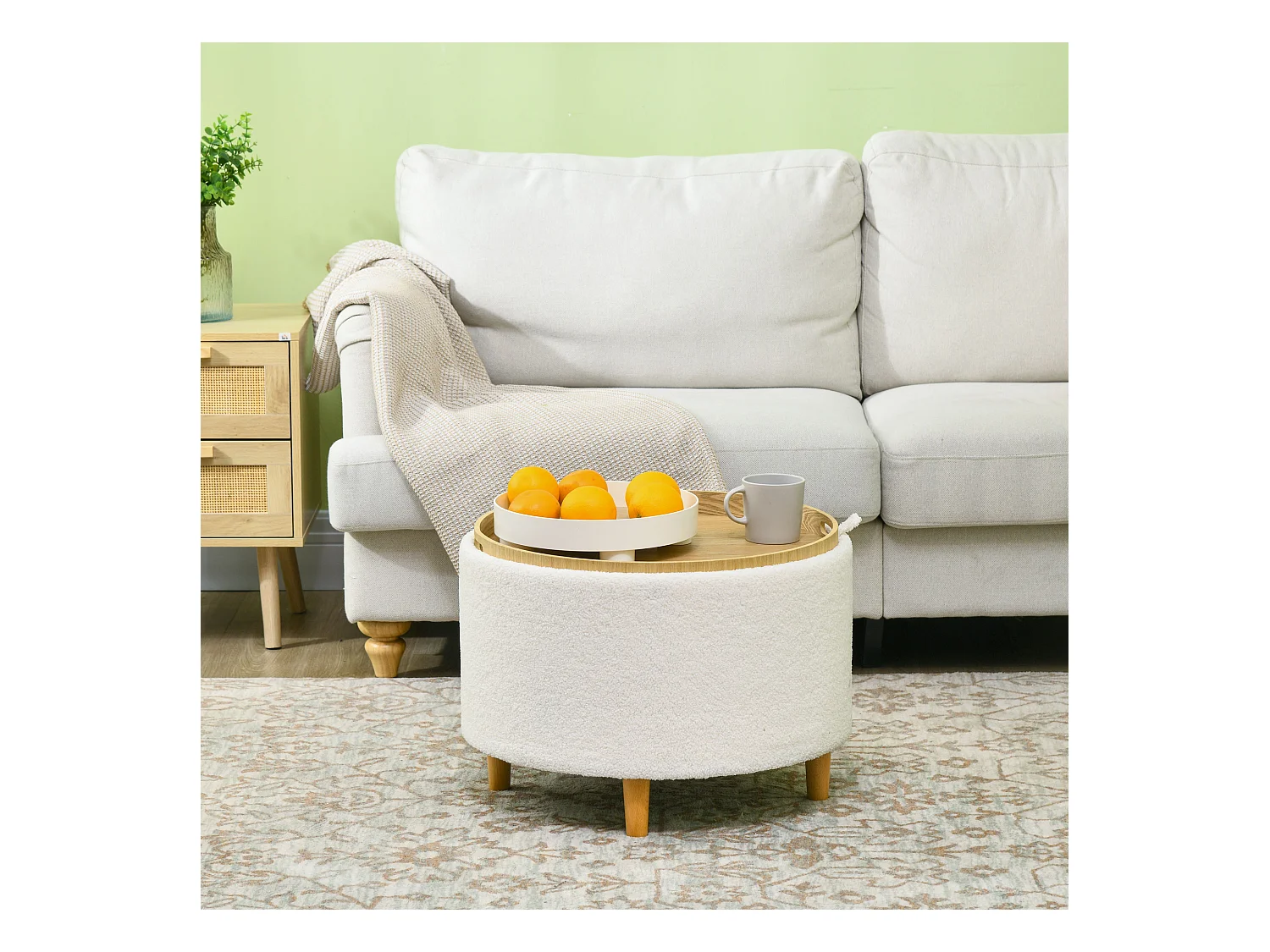 Ronde poef met opbergruimte, polyesterstof, houten poten, wit (56x56x42 cm)