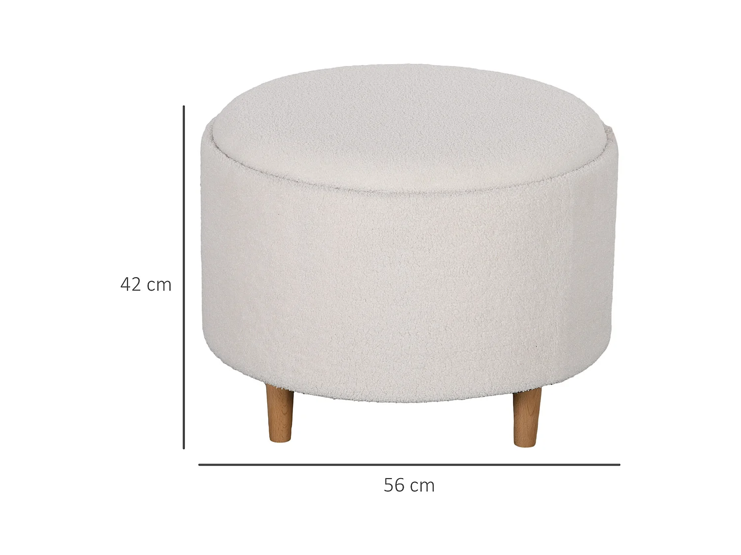 Ronde poef met opbergruimte, polyesterstof, houten poten, wit (56x56x42 cm)