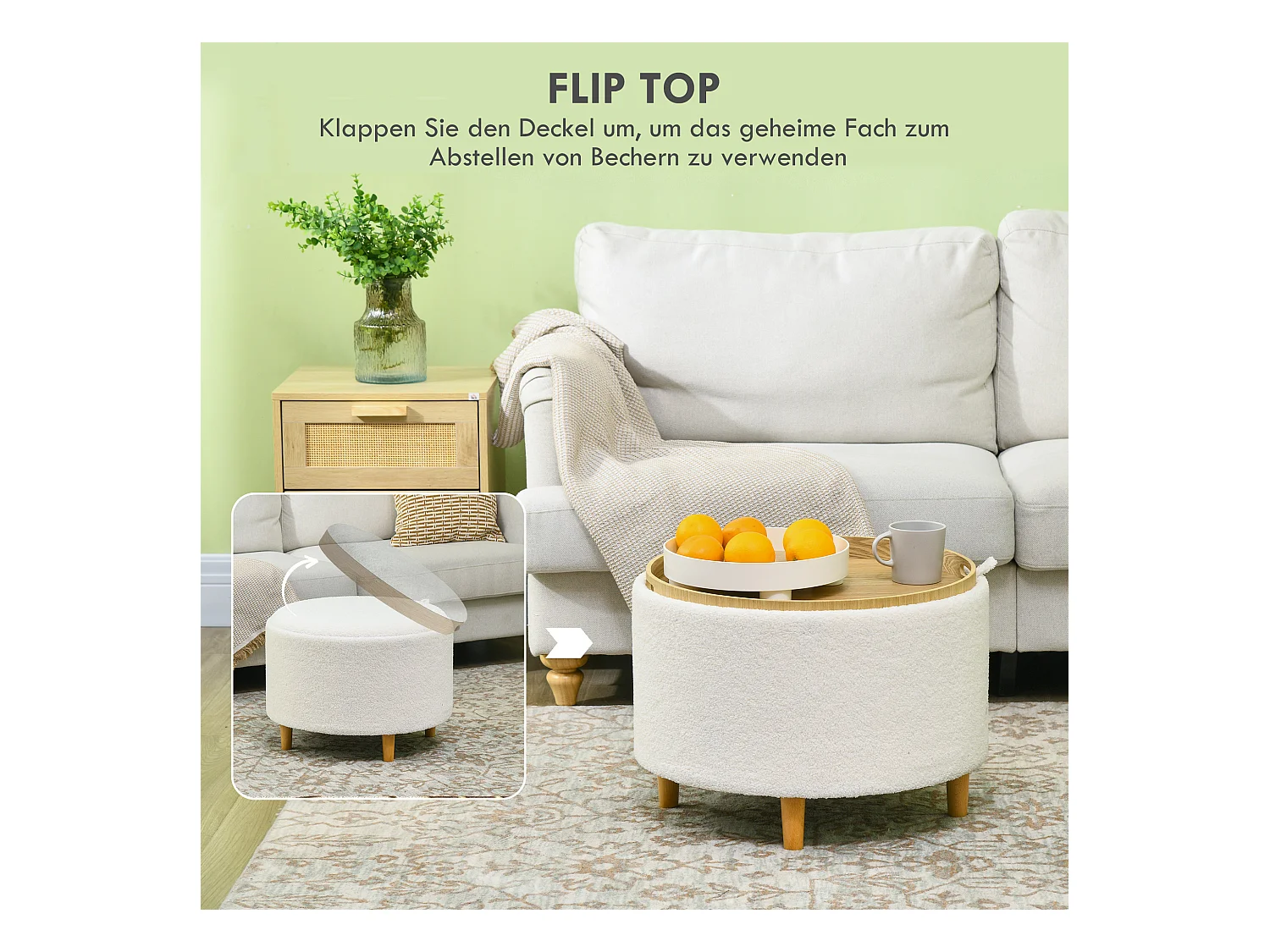 Ronde poef met opbergruimte, polyesterstof, houten poten, wit (56x56x42 cm)