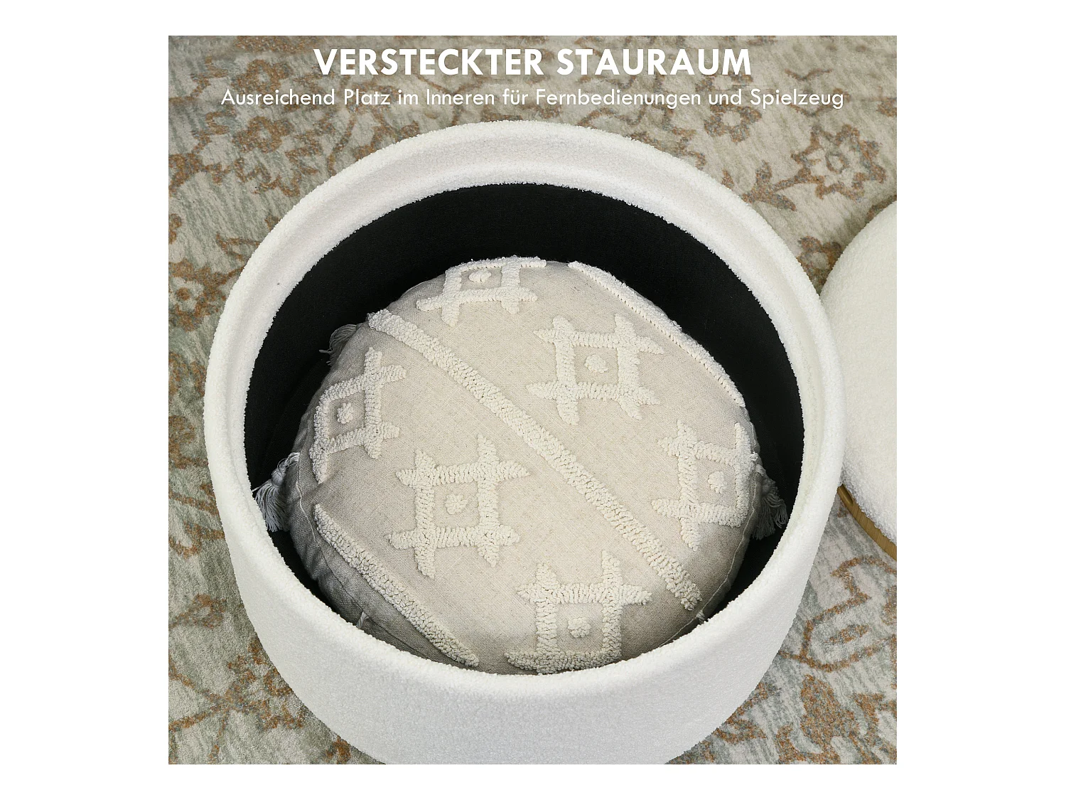 Ronde poef met opbergruimte, polyesterstof, houten poten, wit (56x56x42 cm)