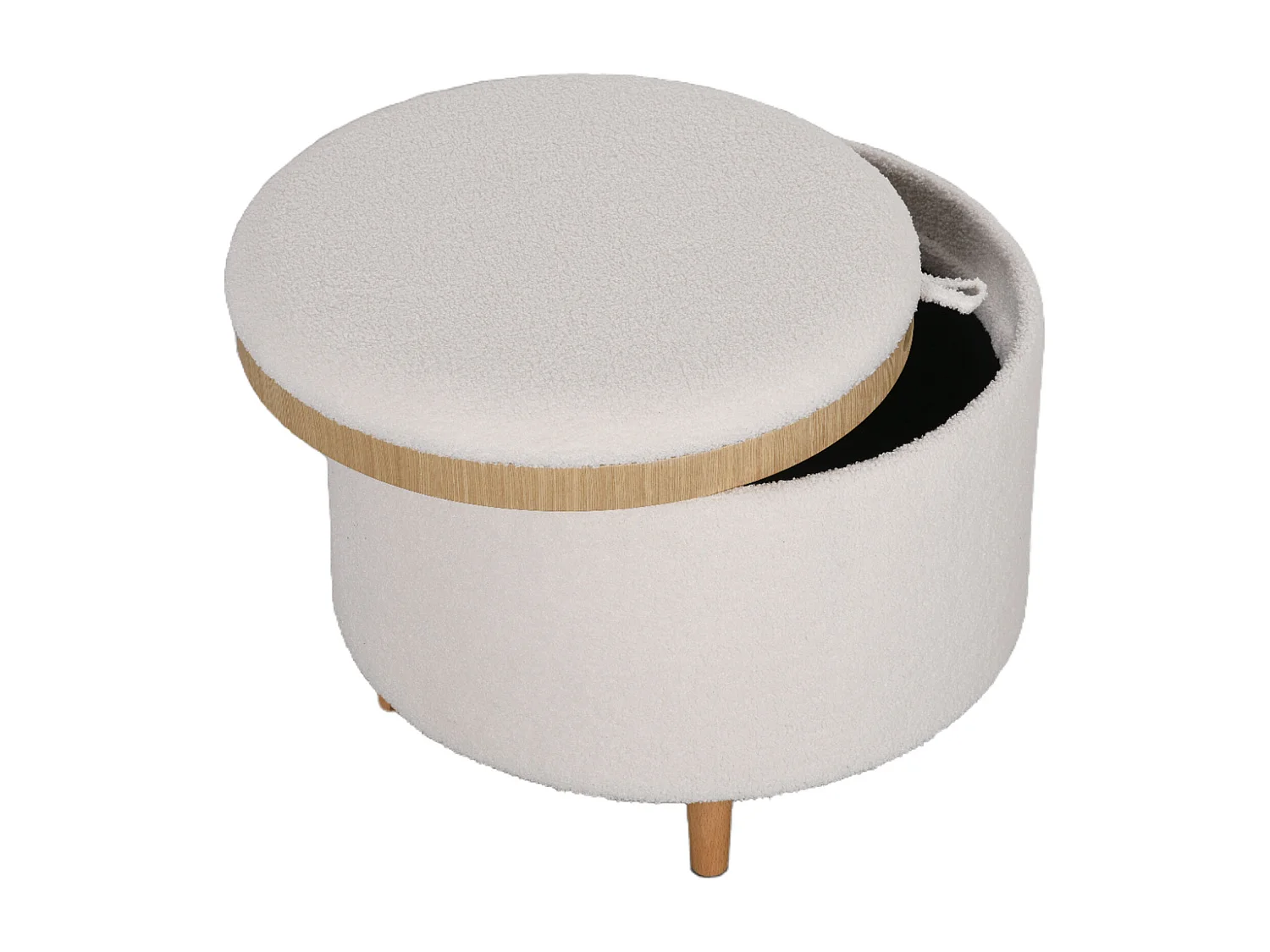 Ronde poef met opbergruimte, polyesterstof, houten poten, wit (56x56x42 cm)