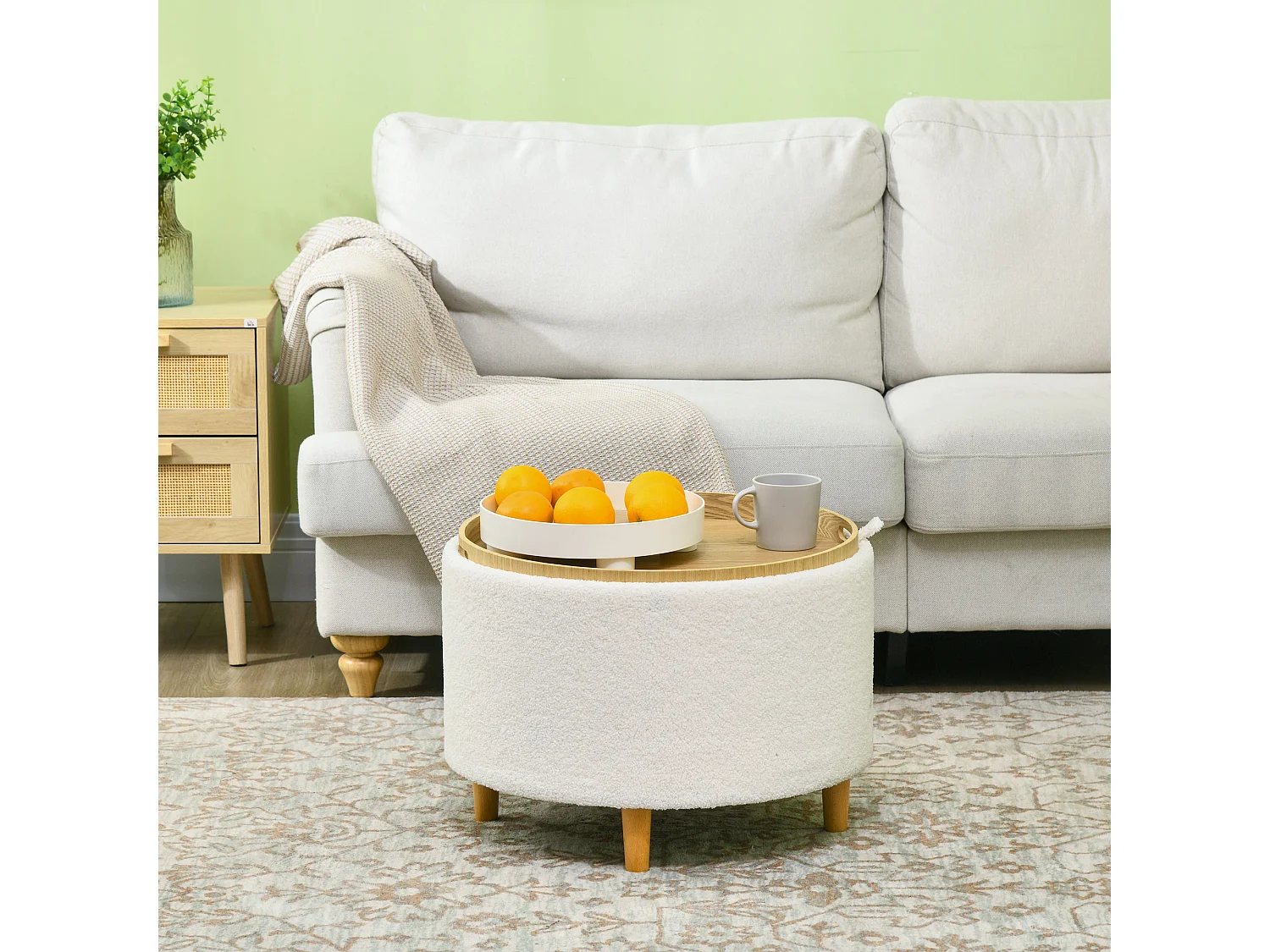 Runder Pouf mit Stauraum, Polyestergewebe, Holzbeine, weiß (56x56x42 cm)