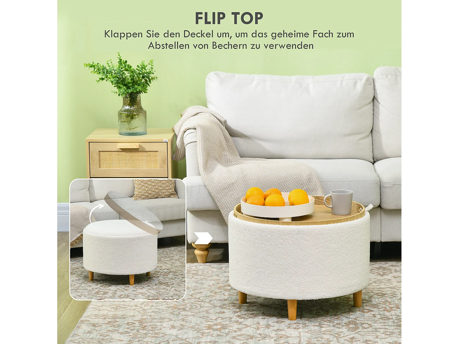 Runder Pouf mit Stauraum, Polyestergewebe, Holzbeine, weiß (56x56x42 cm)