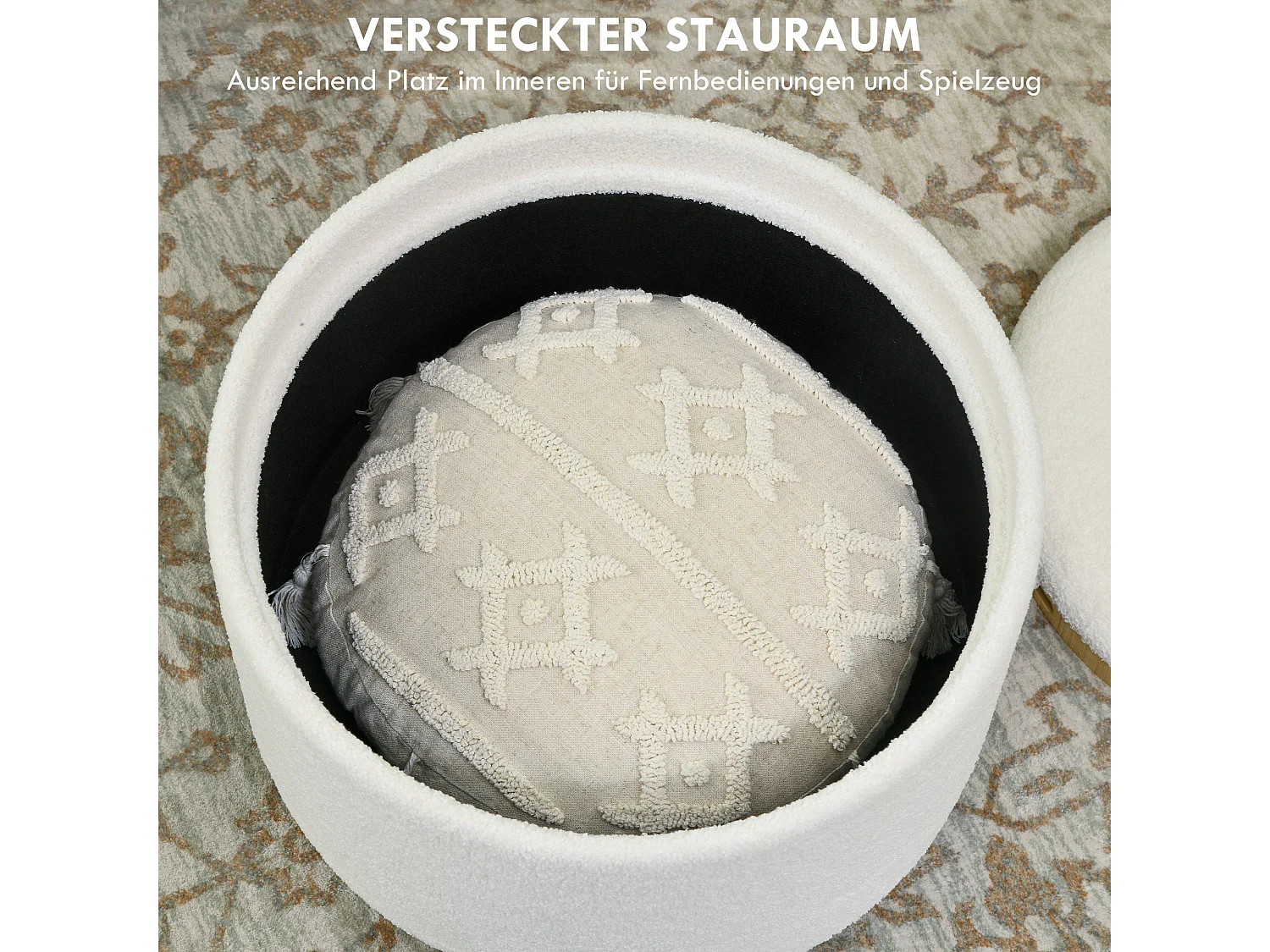 Runder Pouf mit Stauraum, Polyestergewebe, Holzbeine, weiß (56x56x42 cm)