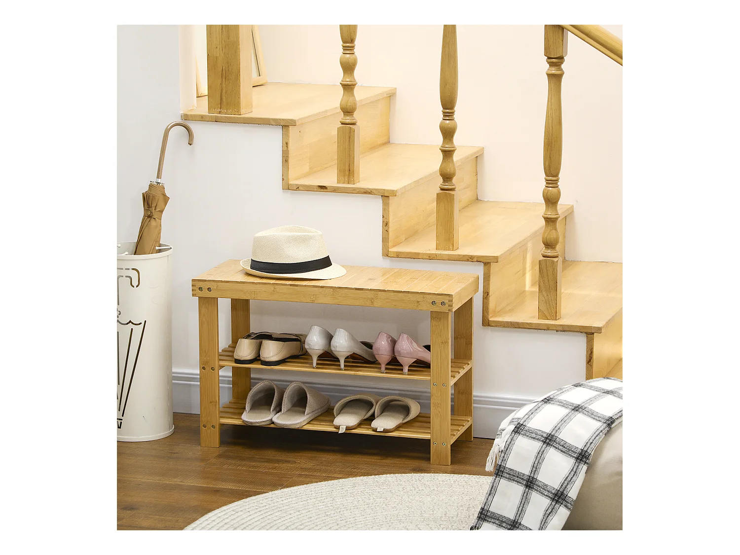 Banc à chaussures 3 étages, rangement pour 6 paires, bambou naturel, multifonctionnel et robuste (70x28x45cm)