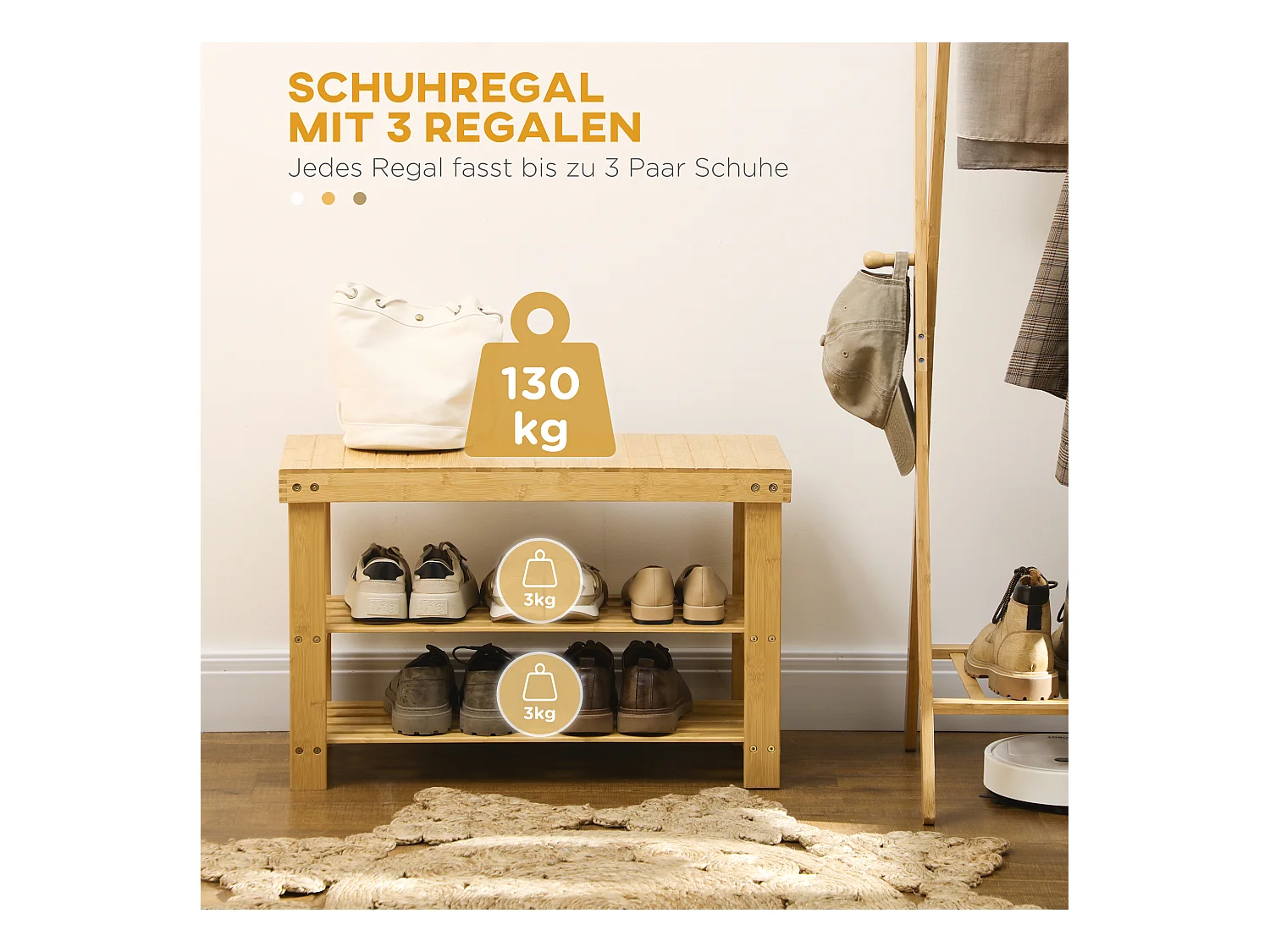 Banc à chaussures 3 étages, rangement pour 6 paires, bambou naturel, multifonctionnel et robuste (70x28x45cm)