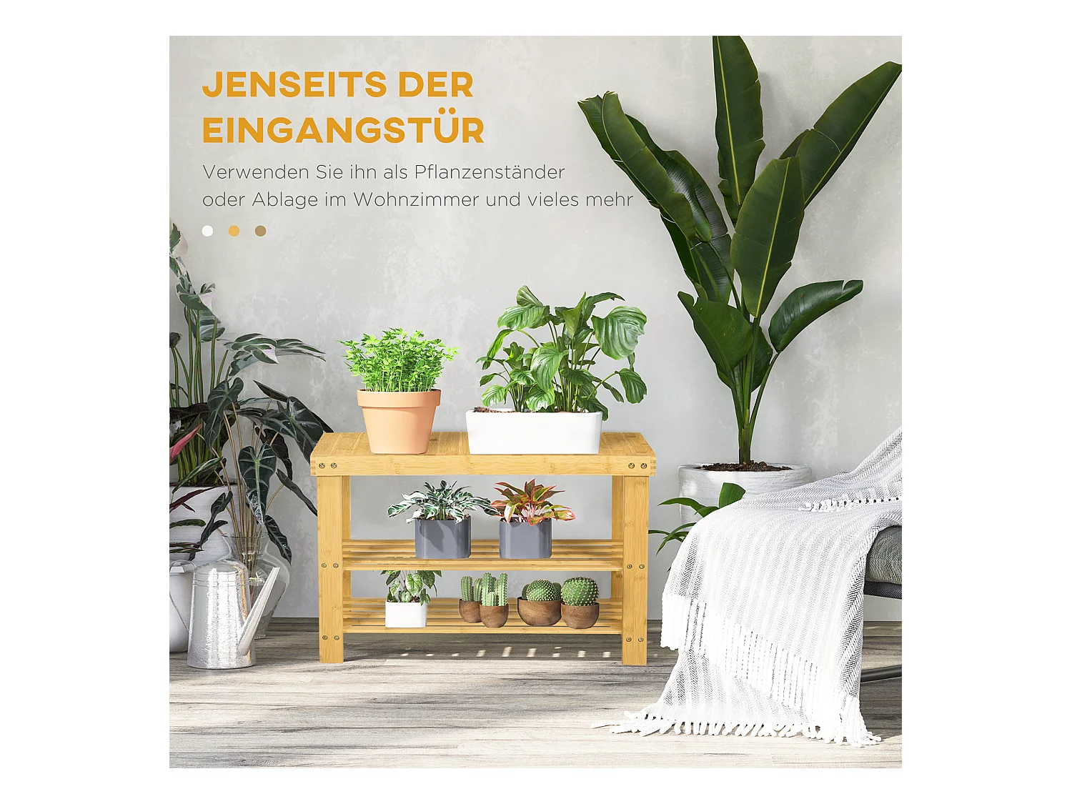 Banc à chaussures 3 étages, rangement pour 6 paires, bambou naturel, multifonctionnel et robuste (70x28x45cm)