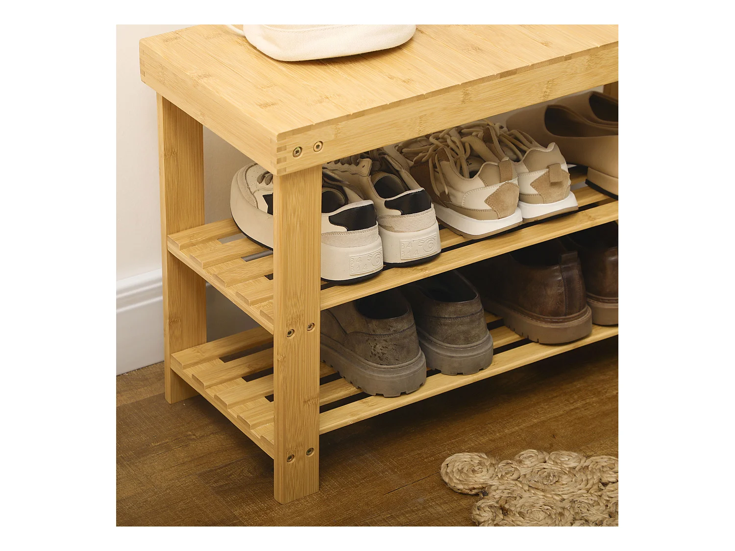 Banc à chaussures 3 étages, rangement pour 6 paires, bambou naturel, multifonctionnel et robuste (70x28x45cm)