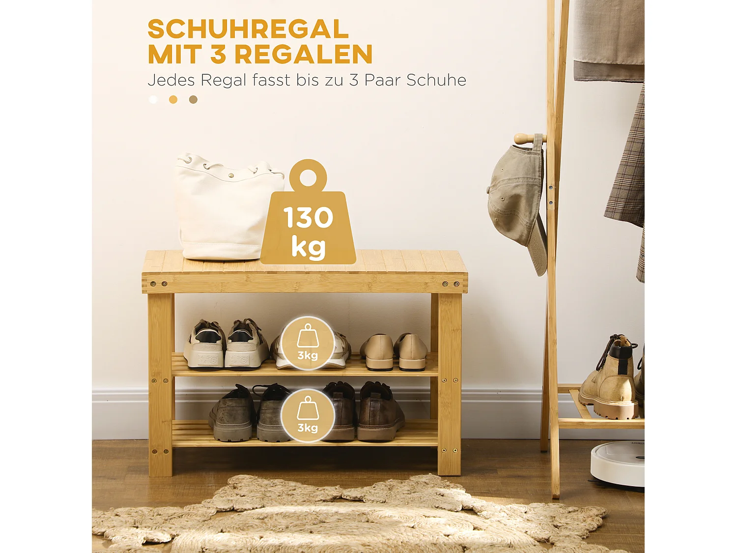 Banc à chaussures 3 étages, rangement pour 6 paires, bambou naturel, multifonctionnel et robuste (70x28x45cm)