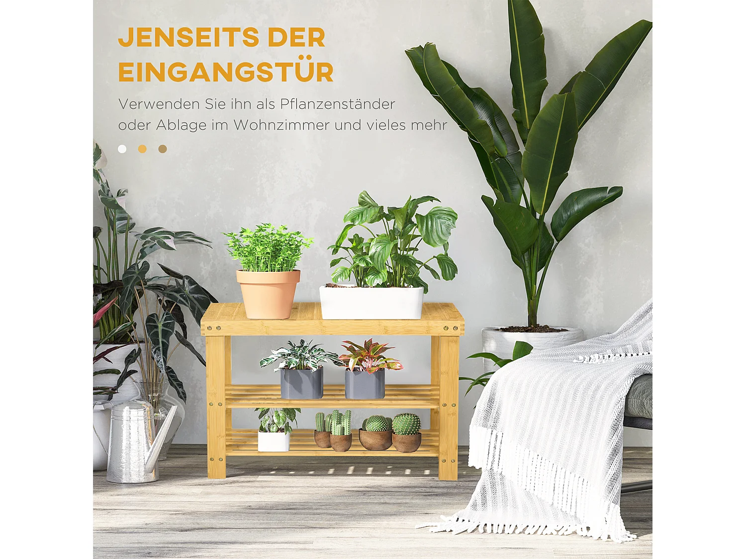 Banc à chaussures 3 étages, rangement pour 6 paires, bambou naturel, multifonctionnel et robuste (70x28x45cm)