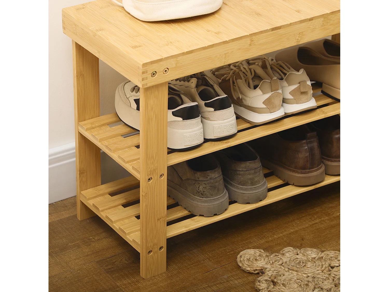 Banc à chaussures 3 étages, rangement pour 6 paires, bambou naturel, multifonctionnel et robuste (70x28x45cm)
