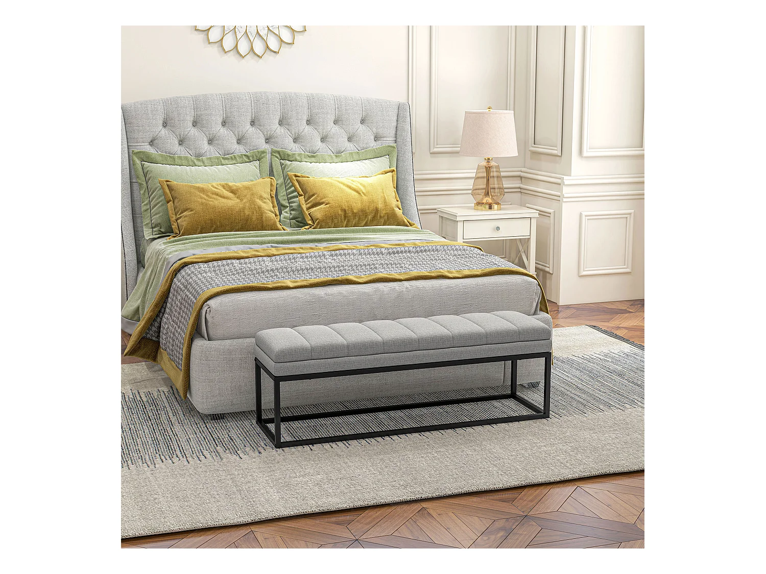 Banc de rangement en lin, avec pieds en acier, capacité 200 kg, gris (120x44x45.5 cm)