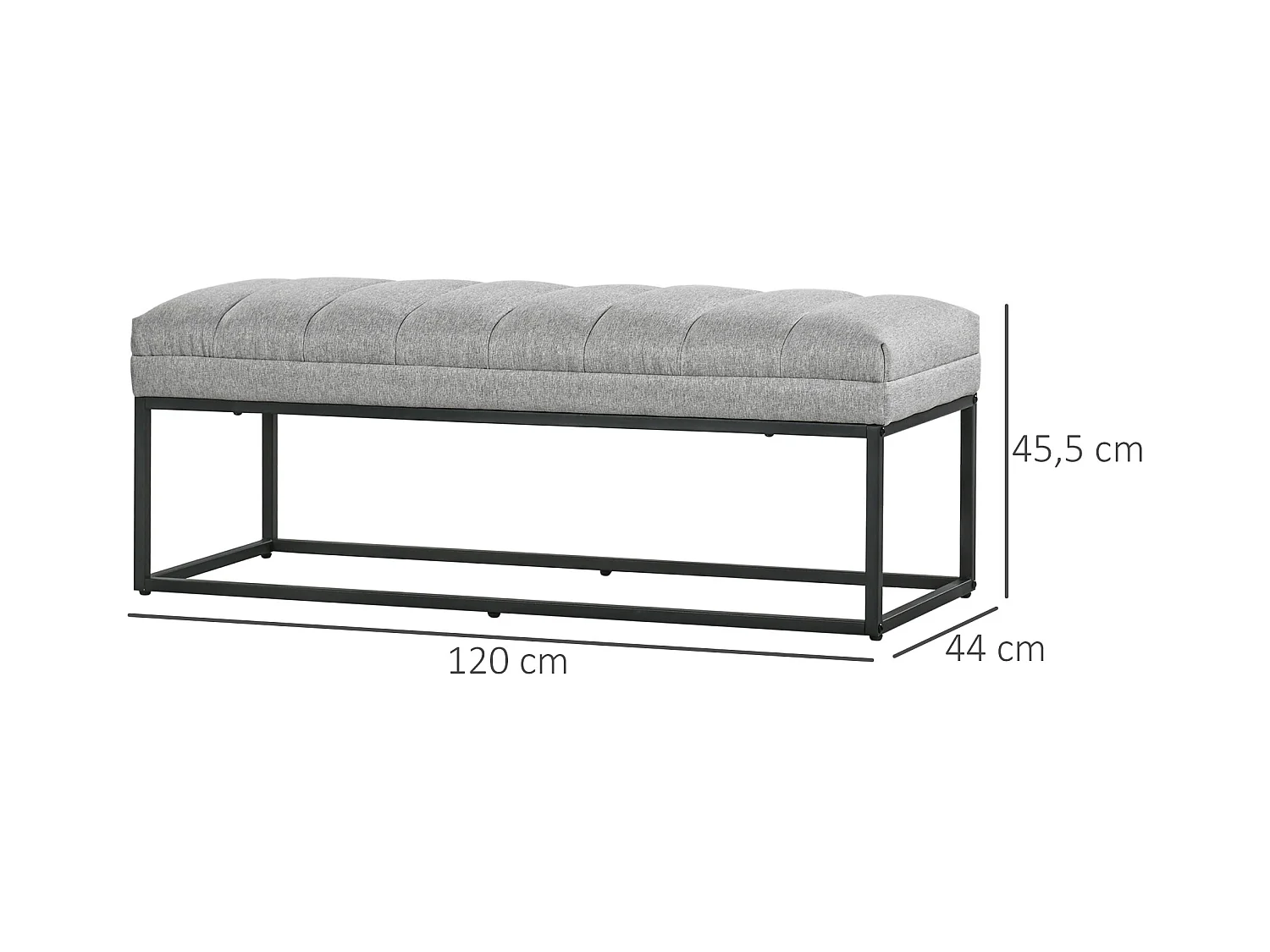Banc de rangement en lin, avec pieds en acier, capacité 200 kg, gris (120x44x45.5 cm)