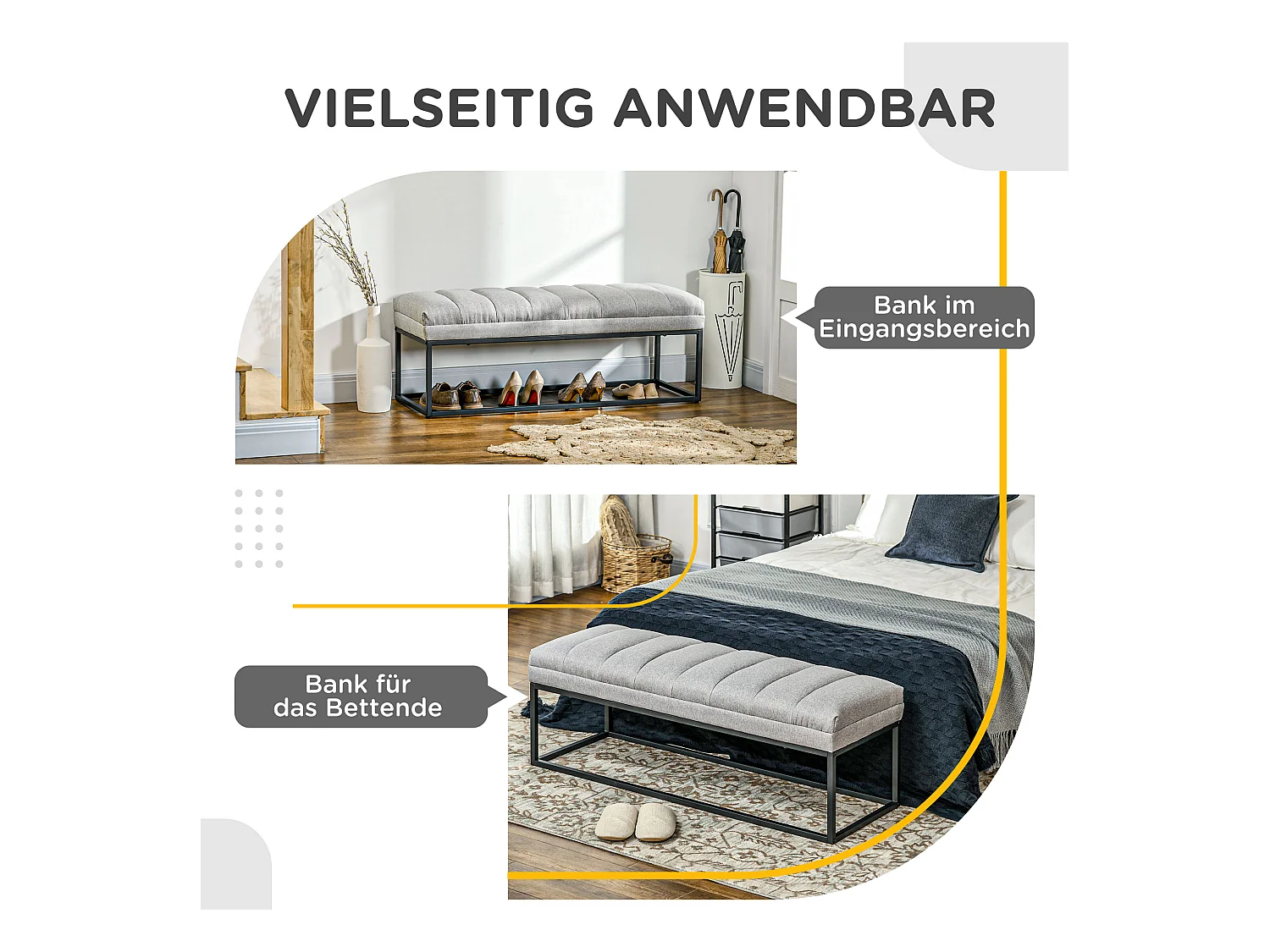 Banc de rangement en lin, avec pieds en acier, capacité 200 kg, gris (120x44x45.5 cm)