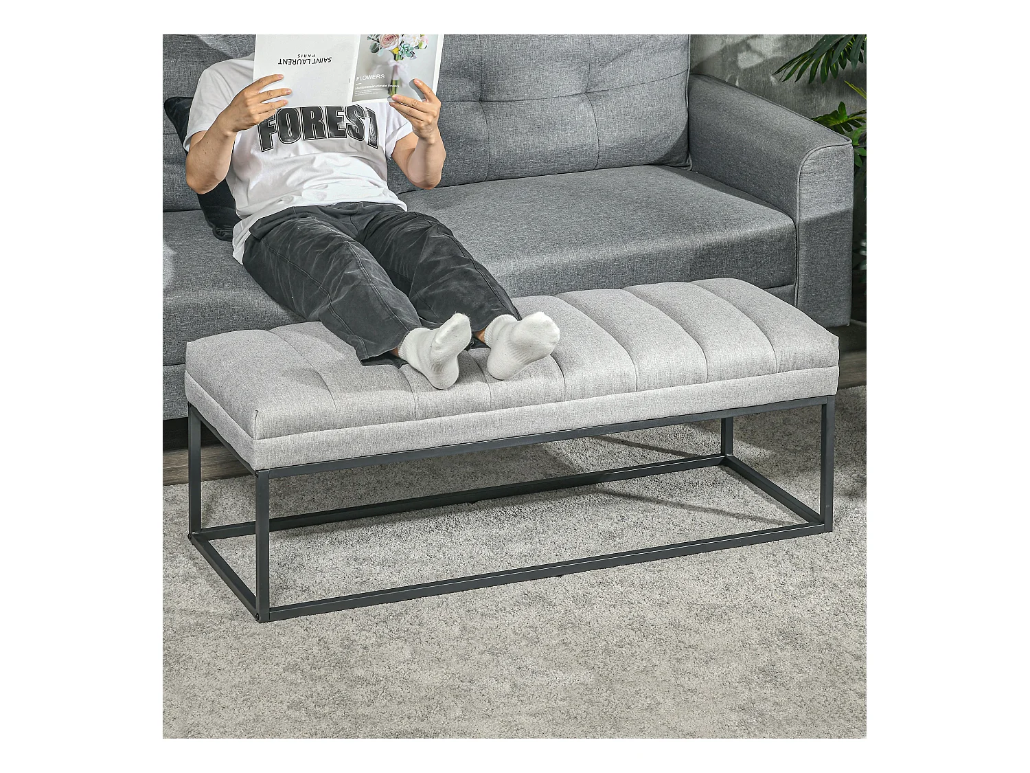 Banc de rangement en lin, avec pieds en acier, capacité 200 kg, gris (120x44x45.5 cm)