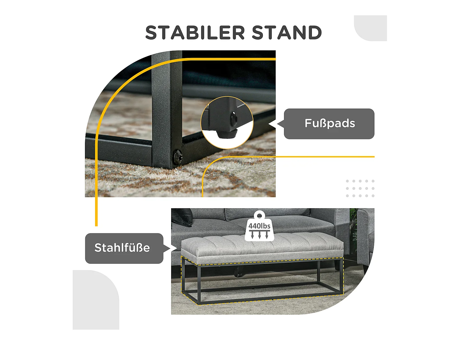 Banc de rangement en lin, avec pieds en acier, capacité 200 kg, gris (120x44x45.5 cm)