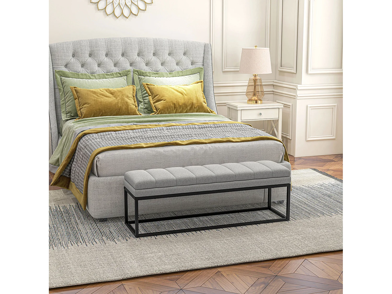 Banc de rangement en lin, avec pieds en acier, capacité 200 kg, gris (120x44x45.5 cm)