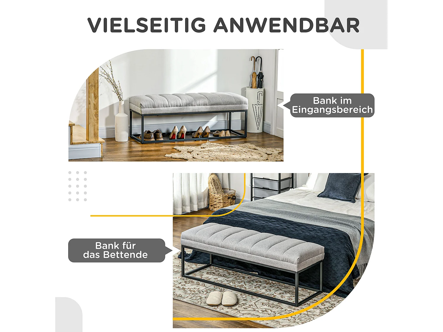 Banc de rangement en lin, avec pieds en acier, capacité 200 kg, gris (120x44x45.5 cm)