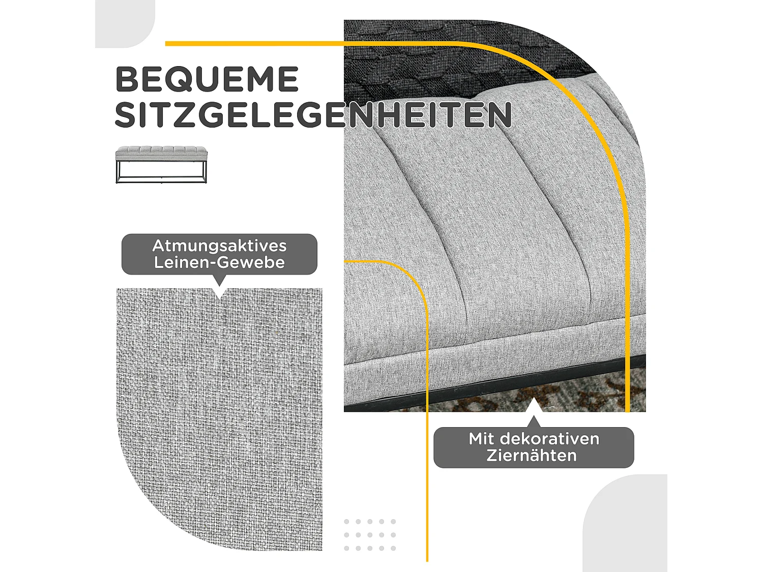 Banc de rangement en lin, avec pieds en acier, capacité 200 kg, gris (120x44x45.5 cm)