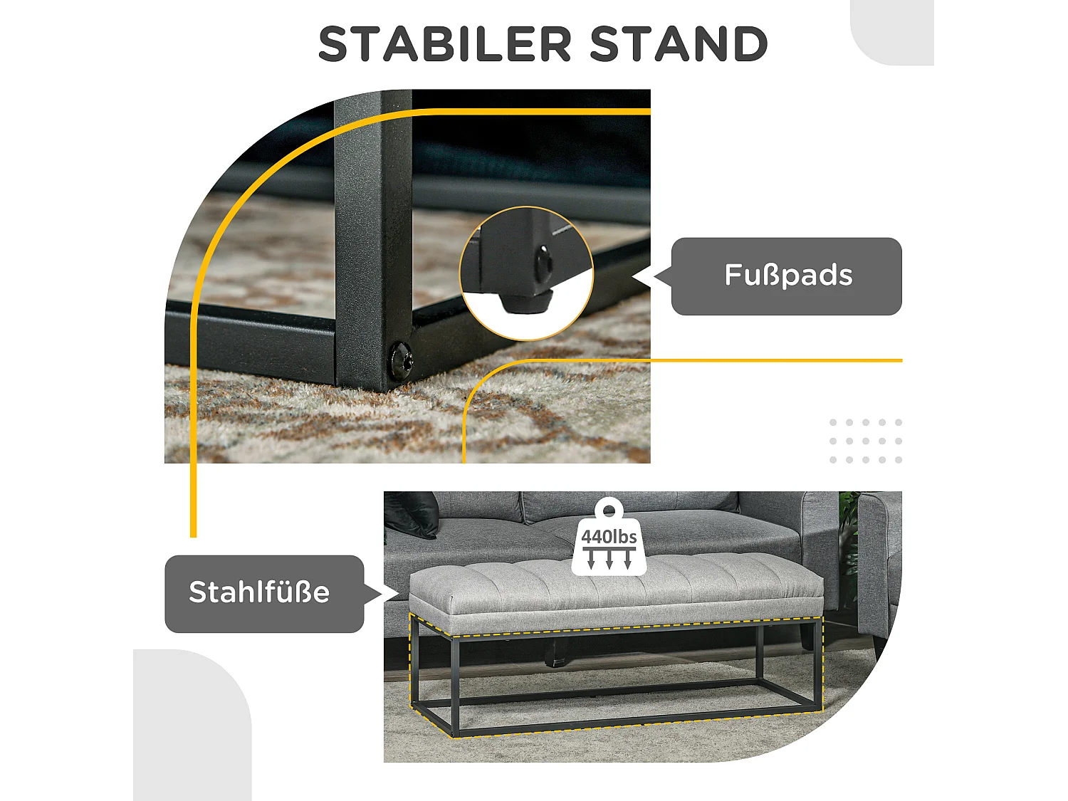 Banc de rangement en lin, avec pieds en acier, capacité 200 kg, gris (120x44x45.5 cm)