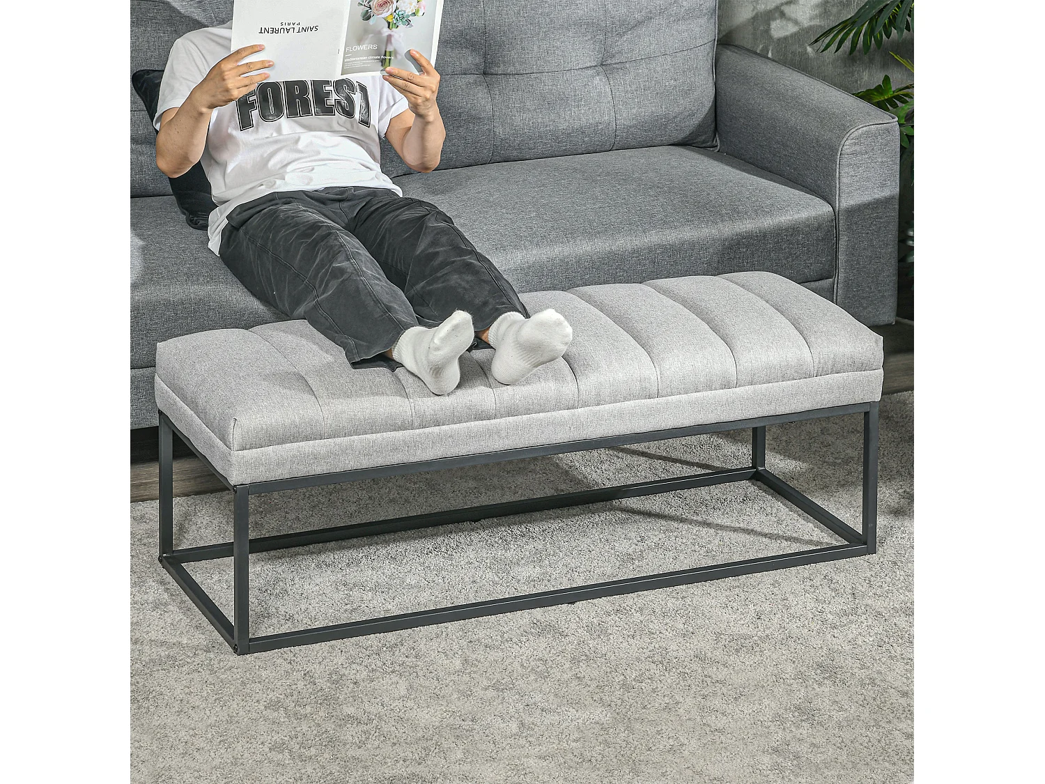 Banc de rangement en lin, avec pieds en acier, capacité 200 kg, gris (120x44x45.5 cm)