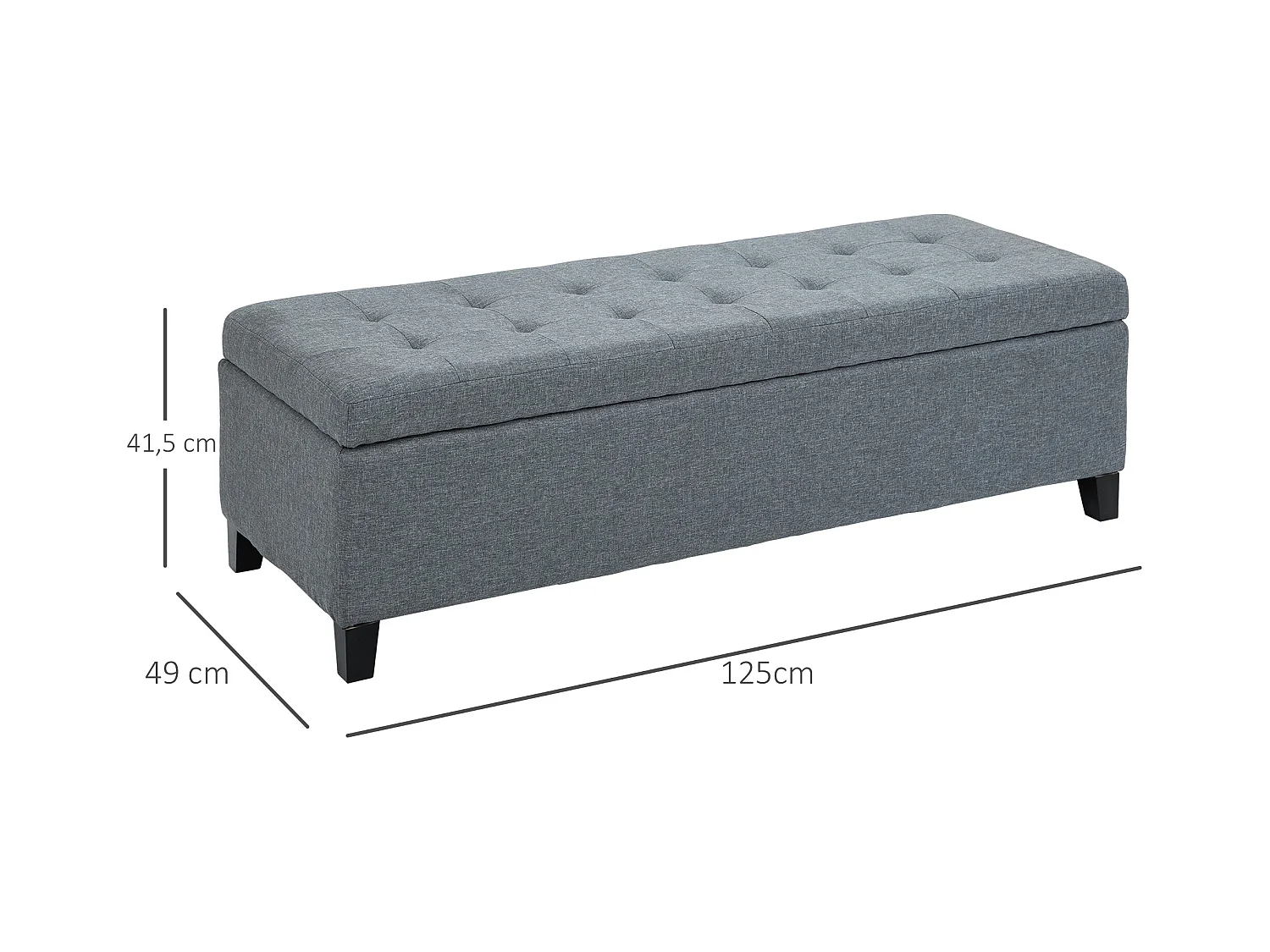 Banc de rangement capitonné avec coussin en lin, gris, avec espace de stockage (125x49x41.5 cm)