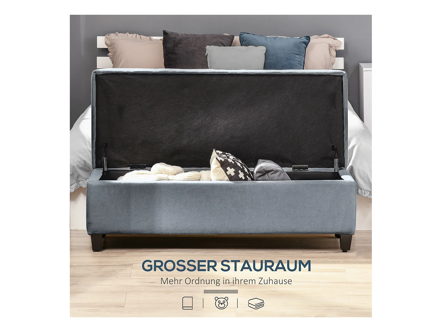 Banc de rangement capitonné avec coussin en lin, gris, avec espace de stockage (125x49x41.5 cm)