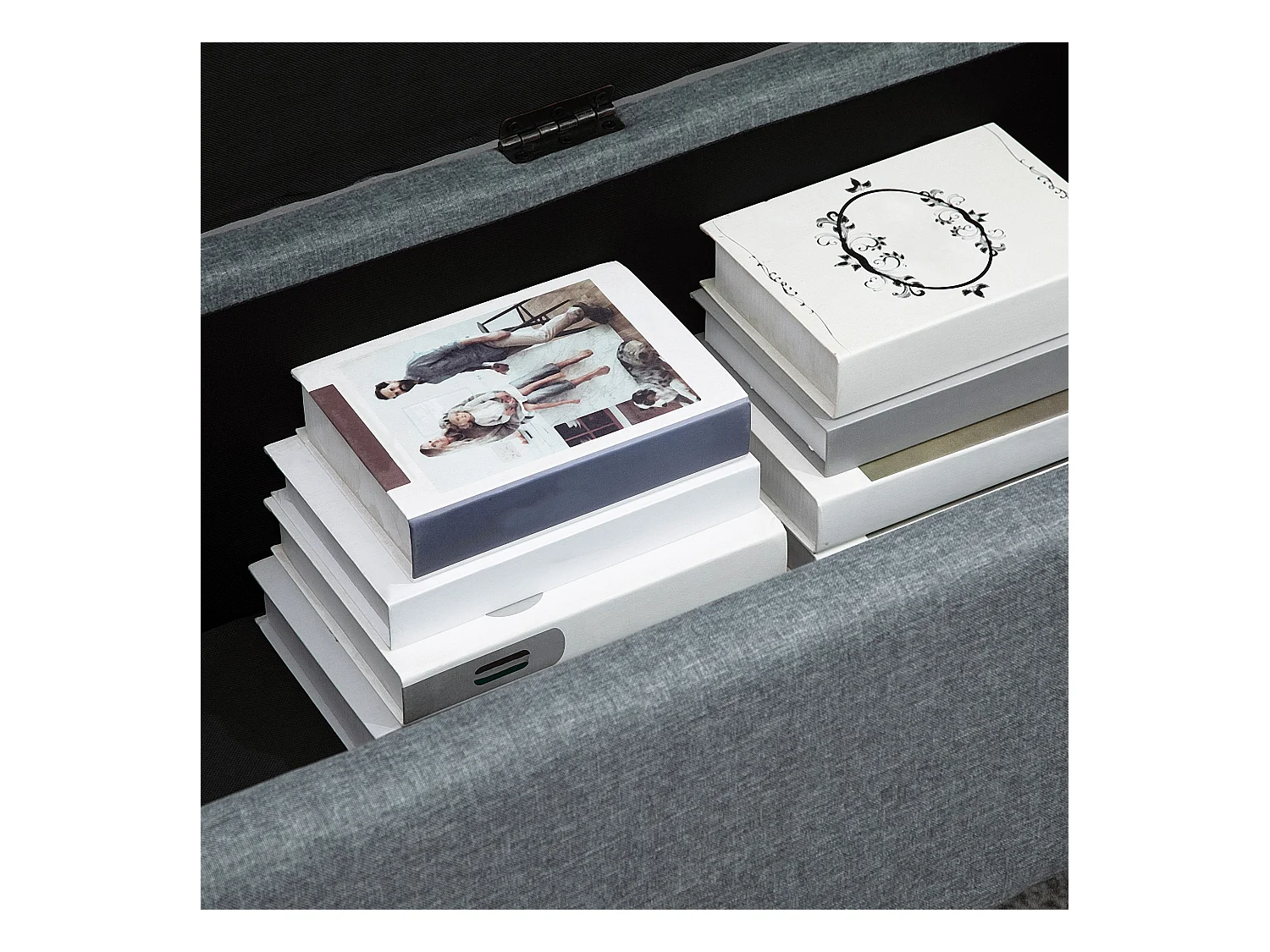 Banc de rangement capitonné avec coussin en lin, gris, avec espace de stockage (125x49x41.5 cm)