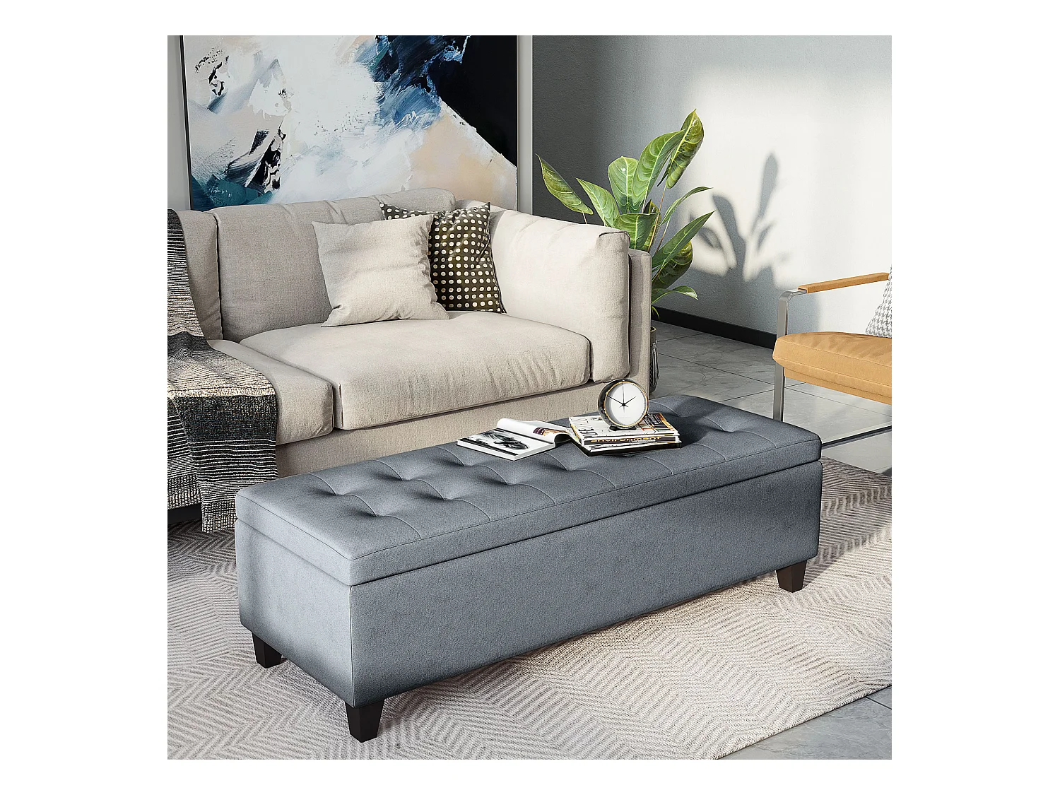Banc de rangement capitonné avec coussin en lin, gris, avec espace de stockage (125x49x41.5 cm)