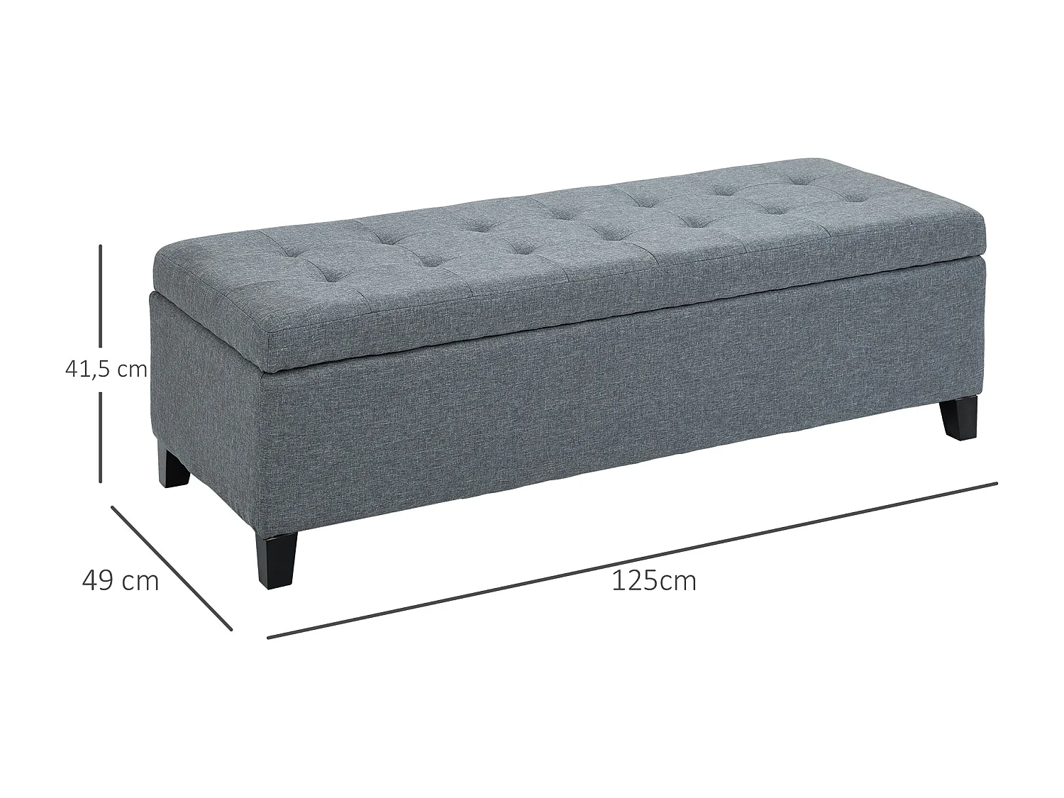 Banc de rangement capitonné avec coussin en lin, gris, avec espace de stockage (125x49x41.5 cm)