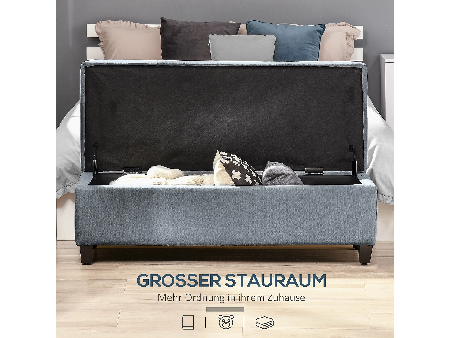 Banc de rangement capitonné avec coussin en lin, gris, avec espace de stockage (125x49x41.5 cm)