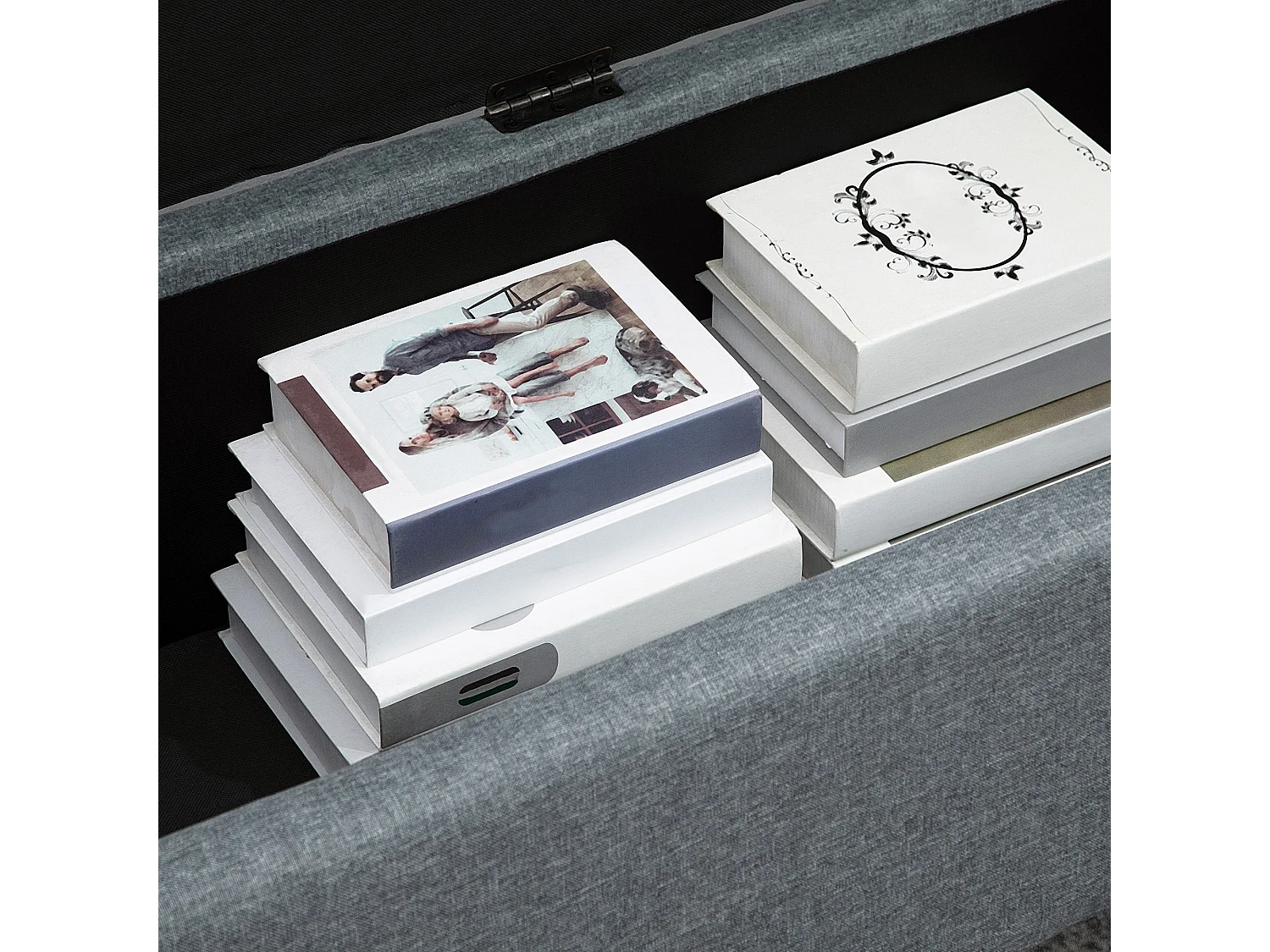 Banc de rangement capitonné avec coussin en lin, gris, avec espace de stockage (125x49x41.5 cm)