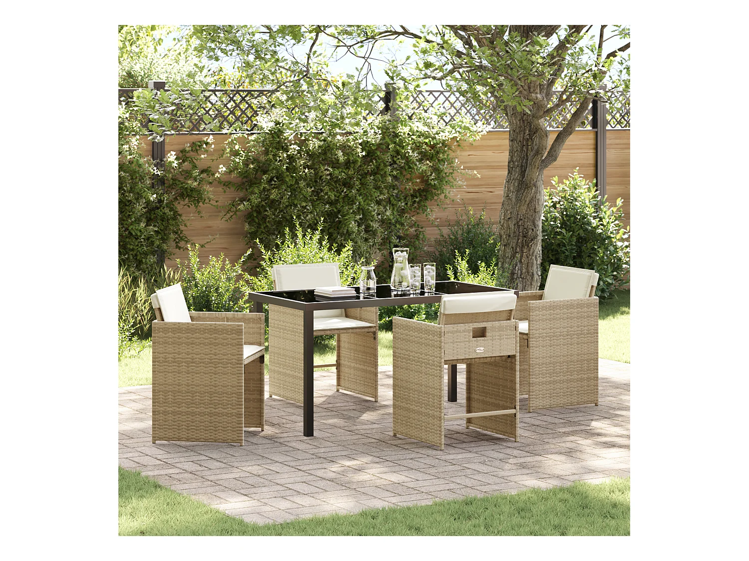 Ensemble de salle à manger de jardin de 5 pièces avec coussins rotin PE beige