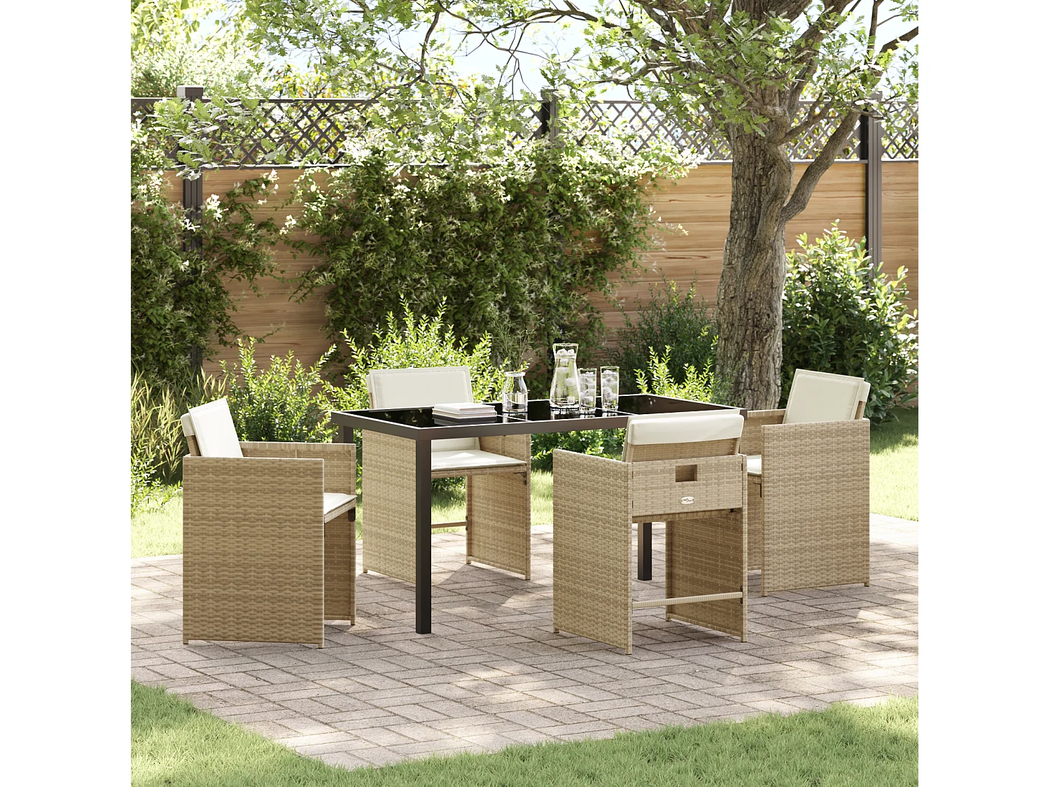 5-teiliges Garten-Ess-Set mit Kissen, PE-Rattan, Beige