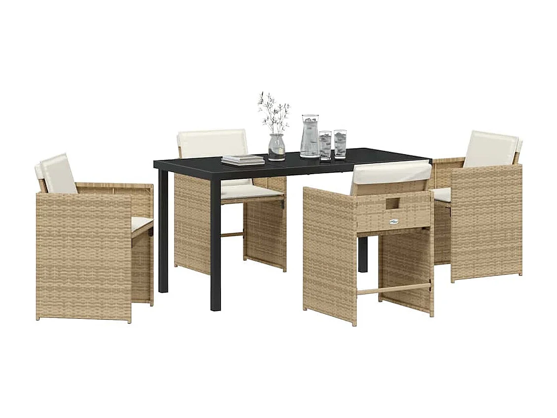 5-teiliges Garten-Ess-Set mit Kissen, PE-Rattan, Beige