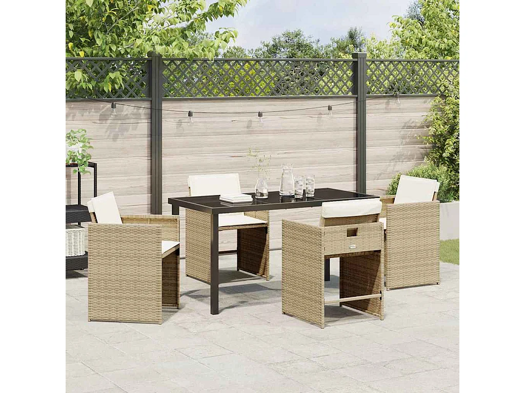 5-teiliges Garten-Ess-Set mit Kissen, PE-Rattan, Beige