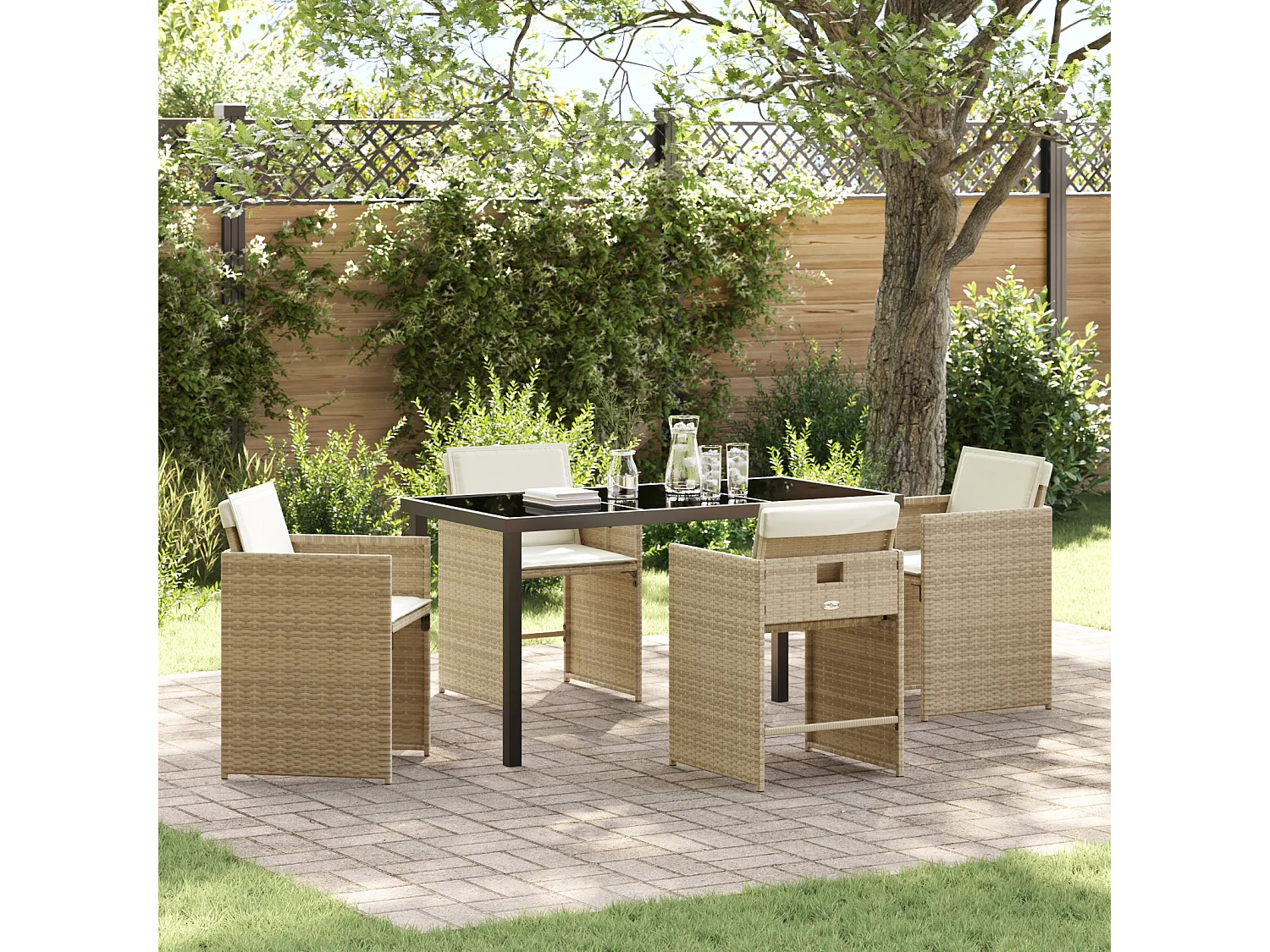 Ensemble de salle à manger de jardin de 5 pièces avec coussins rotin PE beige