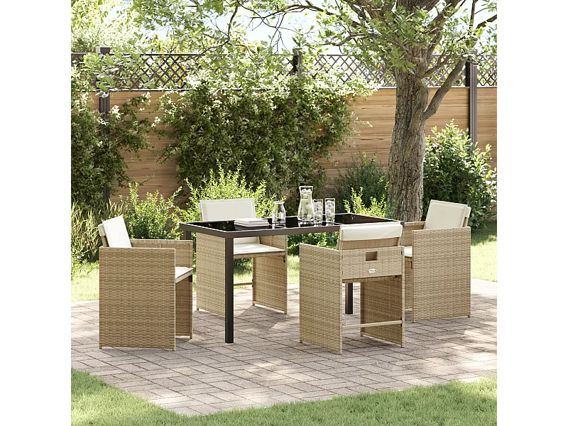 Ensemble de salle à manger de jardin de 5 pièces avec coussins rotin PE beige