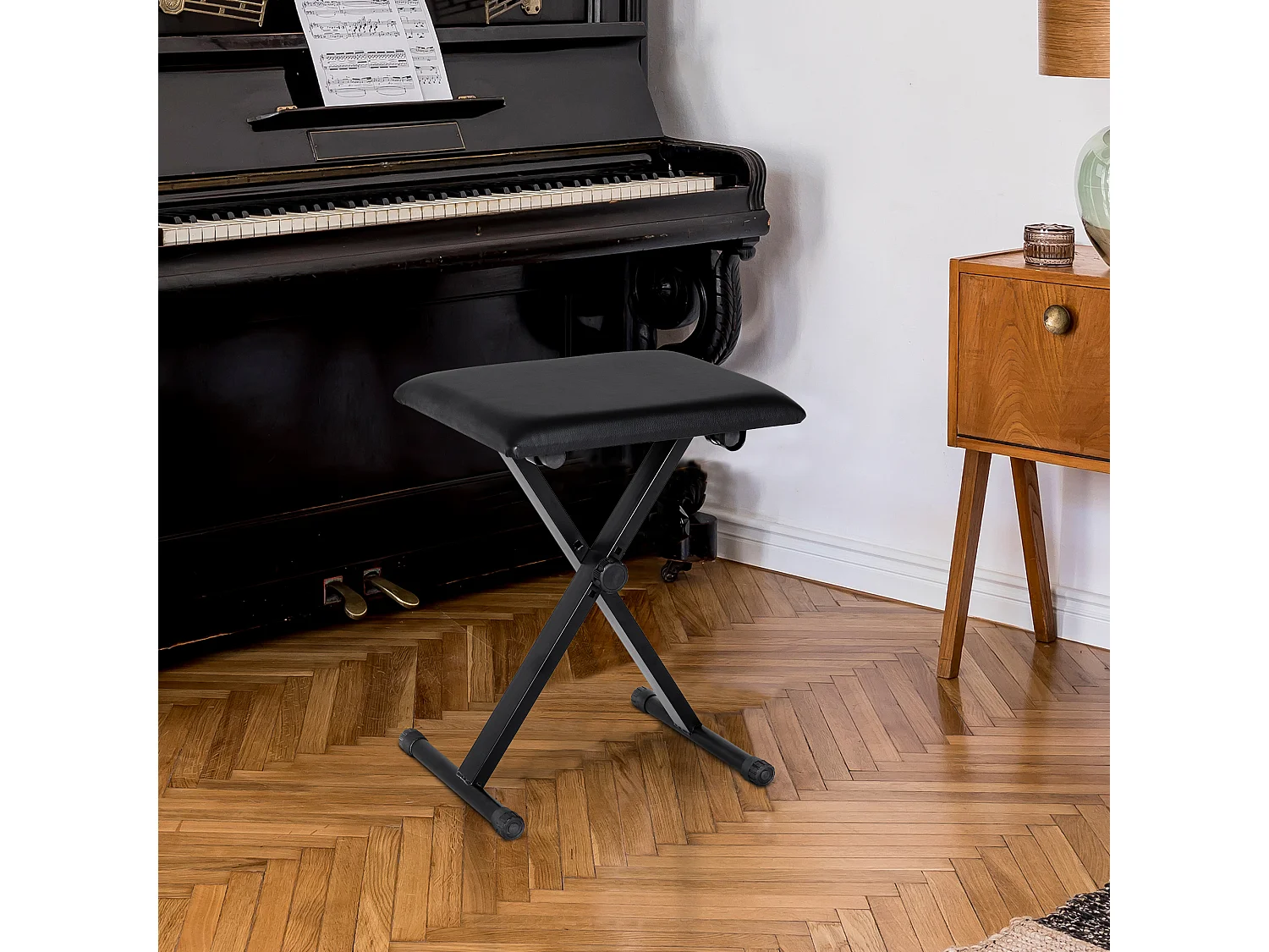 Tabouret de piano réglable en hauteur, pliable, métal, simili-cuir, mousse, noir (39x29x37-47 cm)