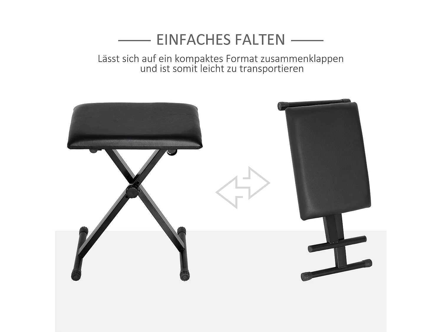Tabouret de piano réglable en hauteur, pliable, métal, simili-cuir, mousse, noir (39x29x37-47 cm)