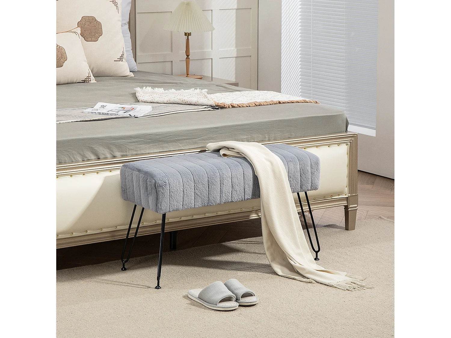 Banquette de rangement, avec accoudoirs, en polyester, gris (82x30x47 cm)