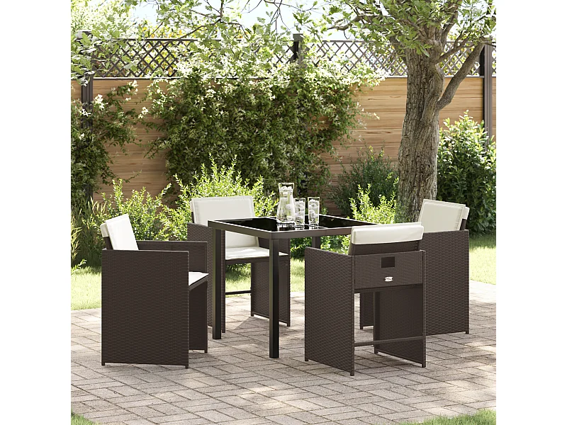 Ensemble de salle à manger de jardin 5 pièces avec coussins en poly rotin brun
