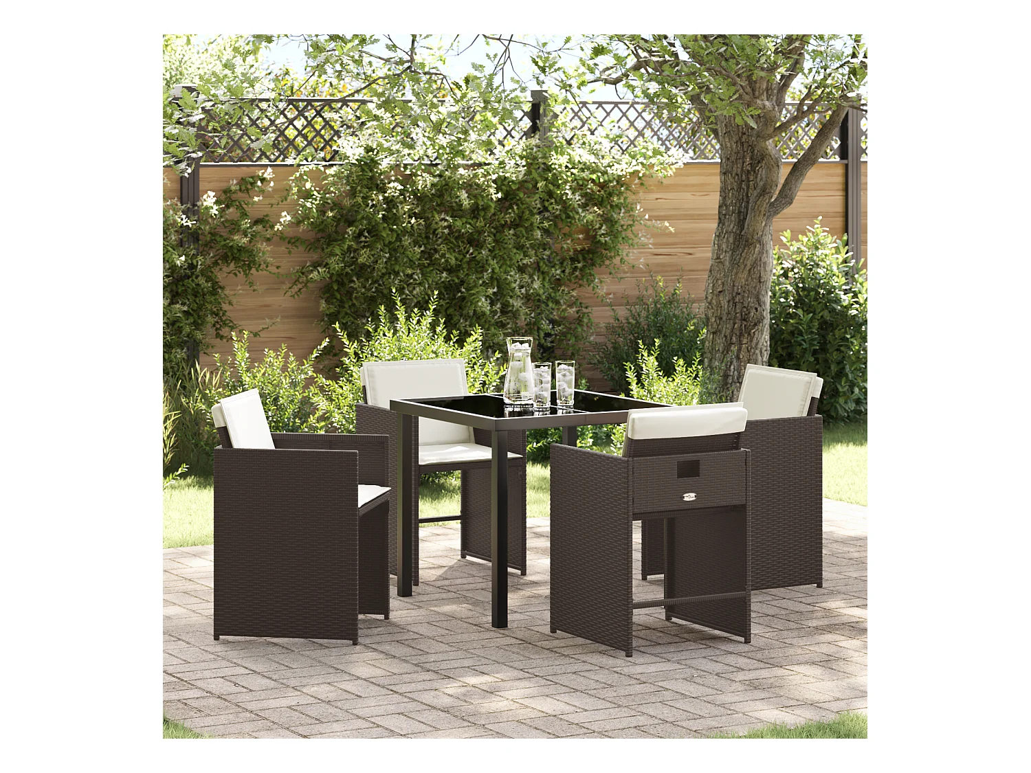 Ensemble de salle à manger de jardin 5 pièces avec coussins en poly rotin brun