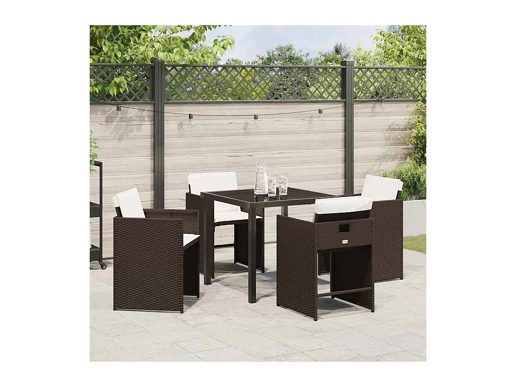 Ensemble de salle à manger de jardin 5 pièces avec coussins en poly rotin brun