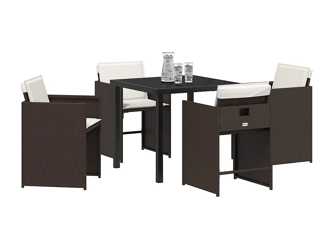 5-teiliges Garten-Essset mit braunen Polyrattan-Kissen