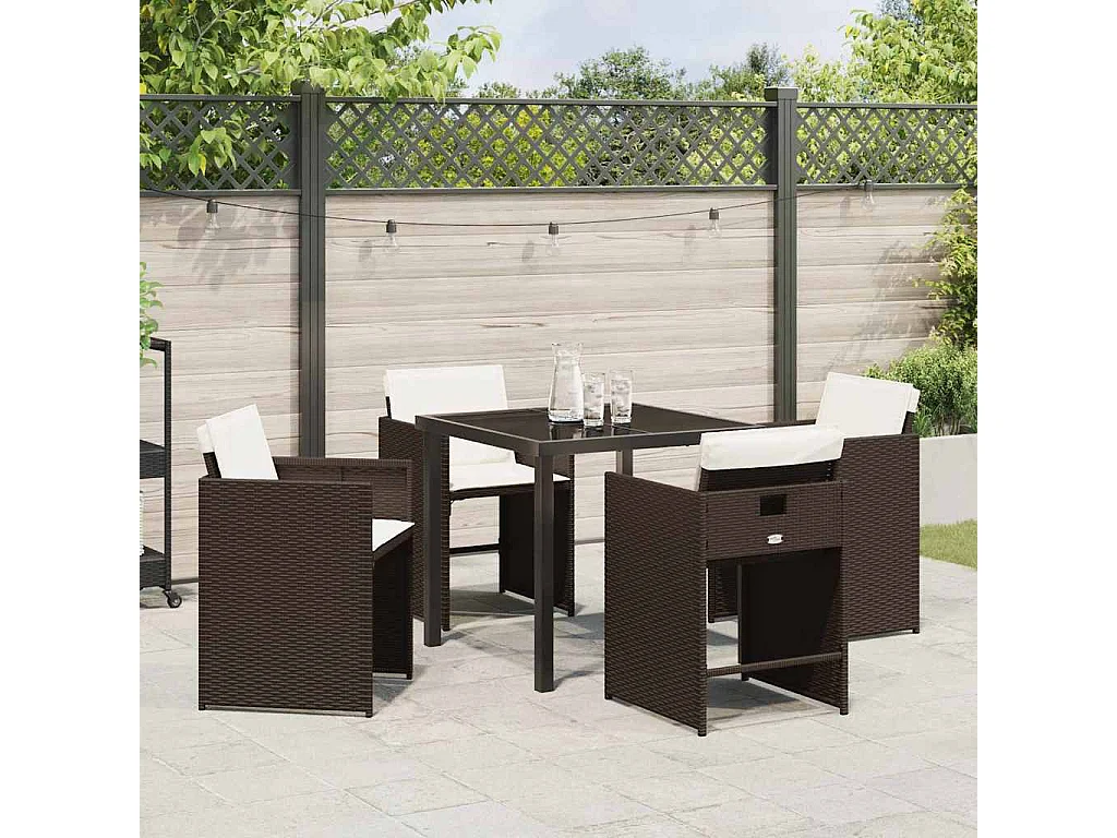5-teiliges Garten-Essset mit braunen Polyrattan-Kissen