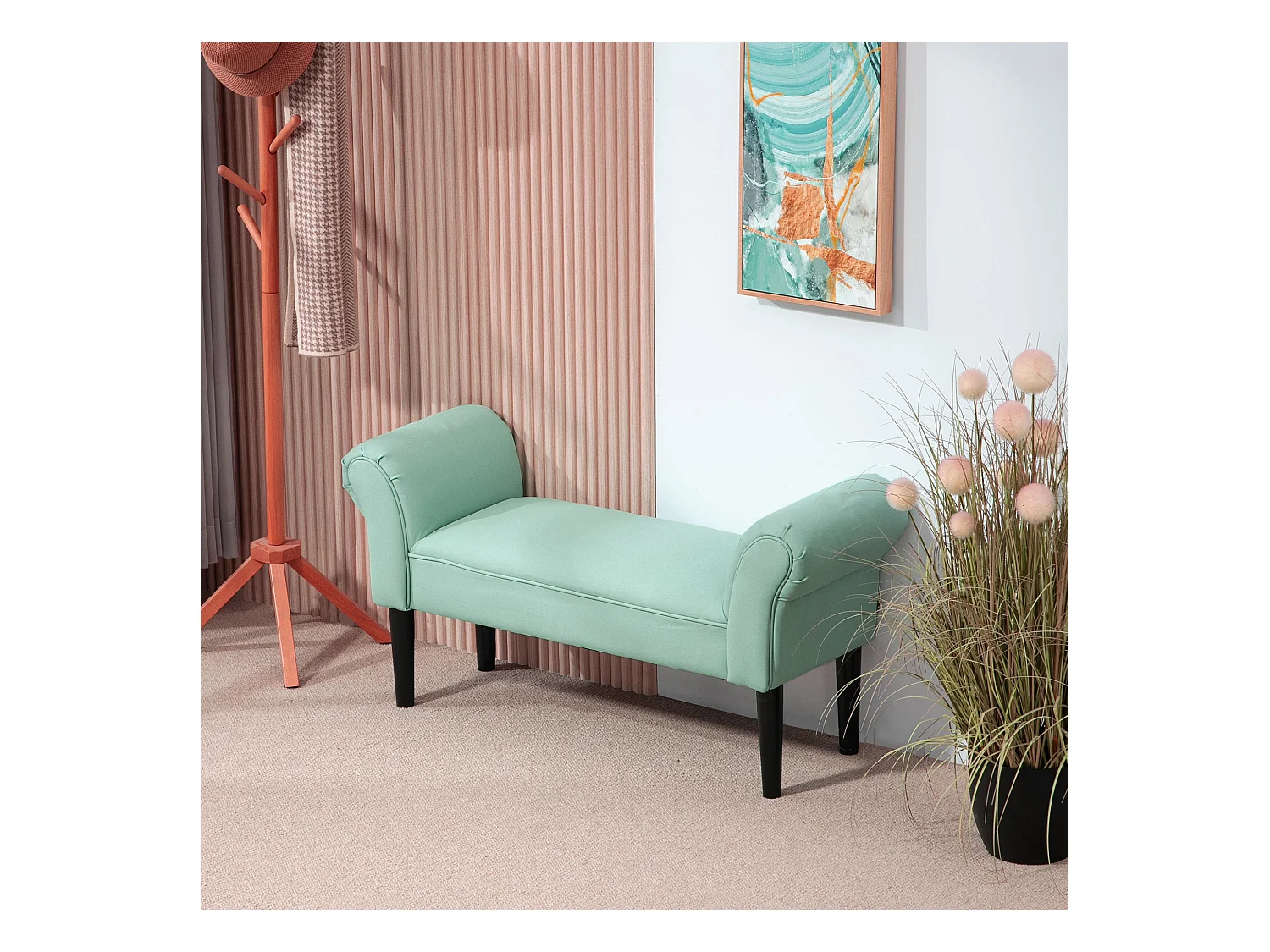 Banc de rangement avec coussin, bois, tissu, vert (102x36x51 cm)